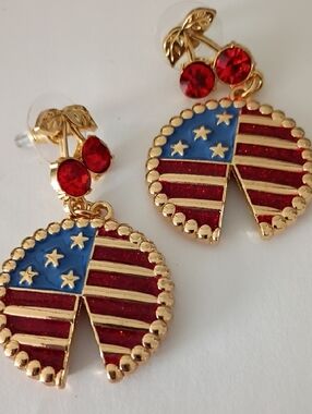 Unbranded Red & Blue American Flag Cherry Drop Earrings